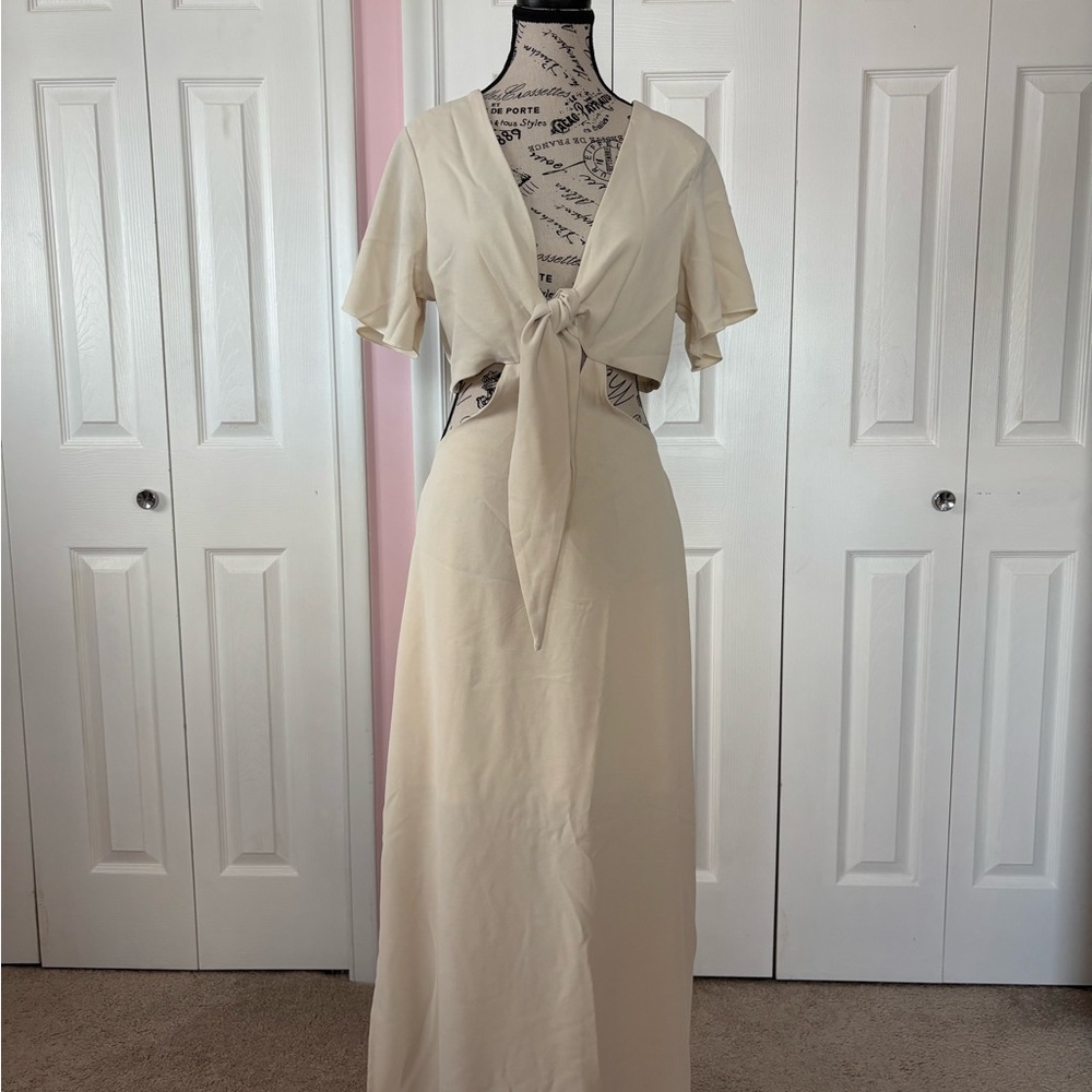 SHEIN Cream Maxi Sundress with Ruched Tie Front